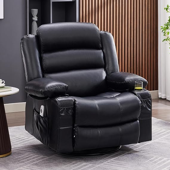 Rocker Recliner Chair with Heat and Massage, 360 Swivel Nursery Rocking Chairs for Adults, Oversized Recliner Single Sofa Seat with Cup Holders, Lazy Boy Recliner Single Sofa (Manual, Black)