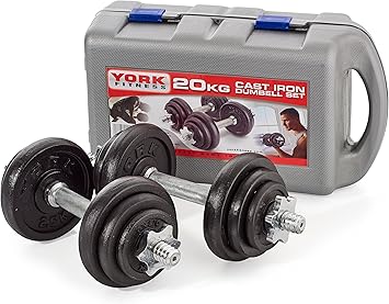 York Fitness Cast Chrome Dumbbell Spinlock - Adjustable Dumbbell Free Weights Set Perfect Hand Weights for Bodybuilding Weightlifting Barbell Weights Home Gym Equipment Pack of 2 - Black, 20kg