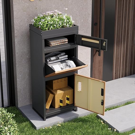 Large Parcel Box Outdoor, Post Box with Combination Lockfor Added Security, Parcel Mailbox with Flower Bed, Lockable Parcel and Letter Storage Cabinet, Grey+Wood