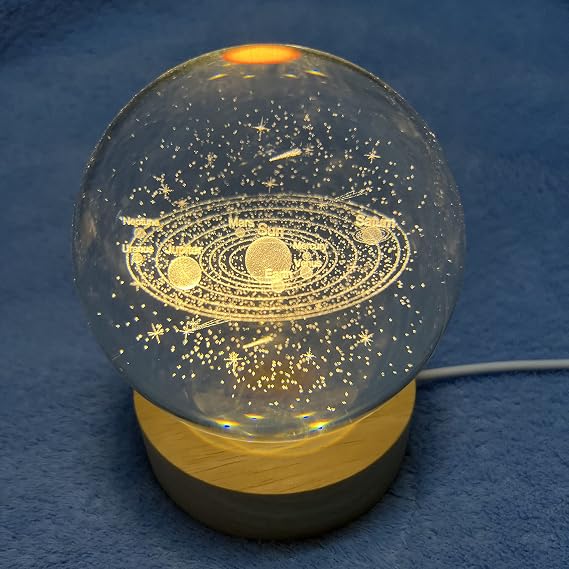 3.15" (80mm) Solar System Crystal Ball 3D Sun System Planets Model Globe with Wooden Base Home Decorative Ornament Astronomy Gifts