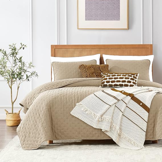 ROARINGWILD Beige Cloud Twin Size Quilt Bedding Sets with Pillow Sham, Farmhouse Lightweight Soft Bedspread Coverlet, All Season Rustic Country Thin Comforter, 2 Pieces, 68x90 inches, Tan Cream