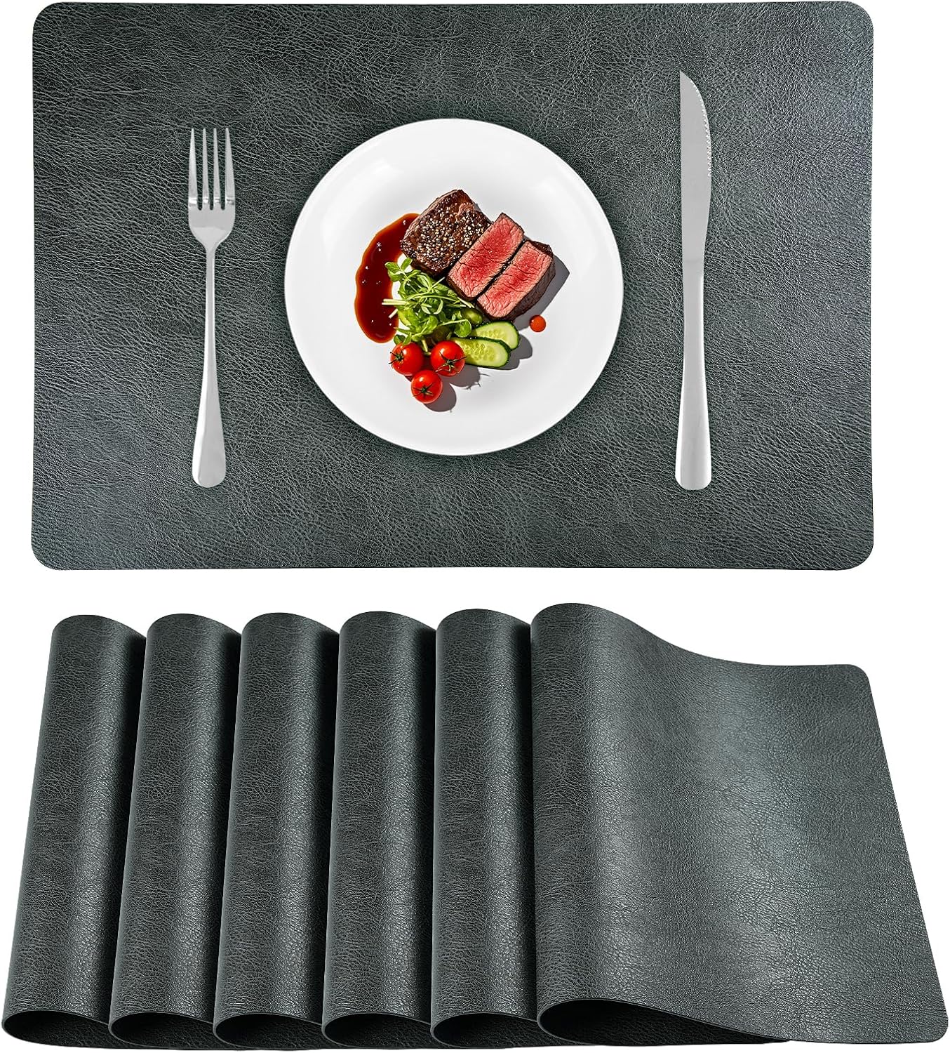 PU Leather Vinyl Placemats Set of 6 Waterproof Wipeable Place Mats Heat Resistant Reversible Kitchen Table Mats for Dining, Outdoor, Party 16.9 x 11.8 Inch (Gray, Set of 6)