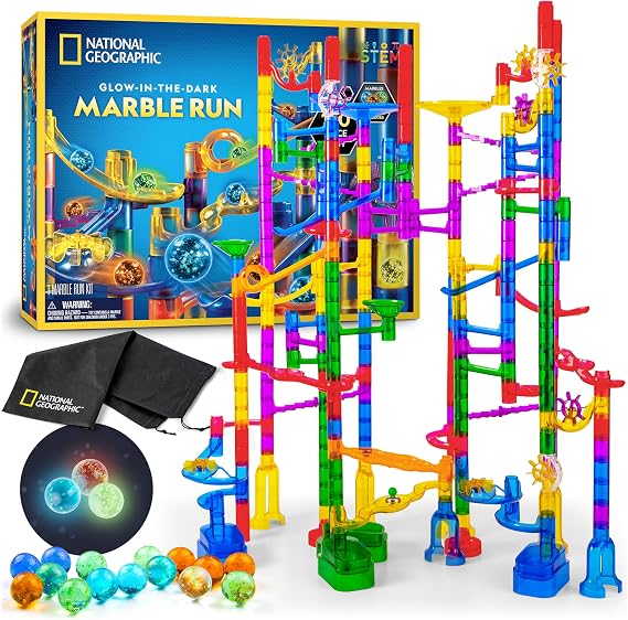 National Geographic Glowing Marble Run – 150 Piece Construction Set with 30 Glow in the Dark Glass Marbles, Mesh Storage Bag, Great Creative STEM Toy for Girls and Boys | 30 Glass Marbles, Smooth-Run Tubes, Action Pieces, Marble Maze, Creative Construction, STEM Physics Toy, Storage Bag