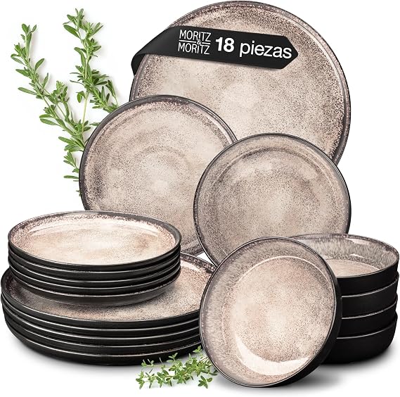 Moritz & Moritz VIDA 18-Piece Dinner Plate Set Beige Combined Dinnerware Set for 6 People - Porcelain Dishwasher and Microwave Safe