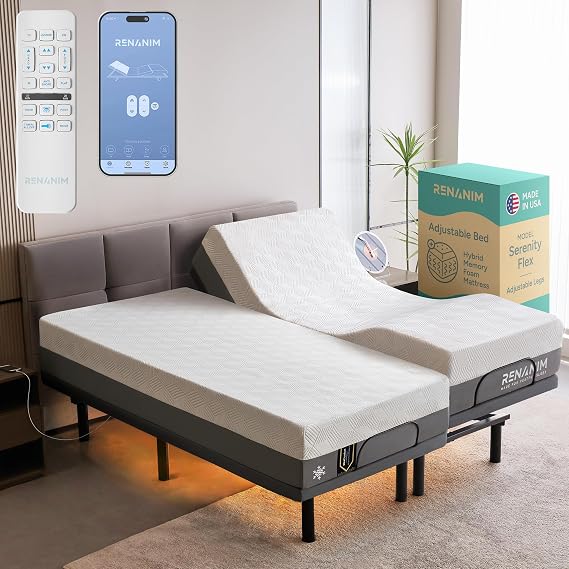 SF Split King Adjustable Bed Frame with Mattress 14" Hybrid Memory Foam - Electric Massage - Wireless Remote for Head & Foot Incline - Zero Gravity - Underbed Night Lights & 4 USB Ports