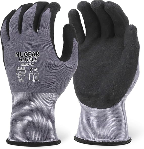 Nugear Microfoam Nitrile Coated Safety Work Gloves, 12 Pairs, Breathable, Construction, Gardening and Warehousing General Work
