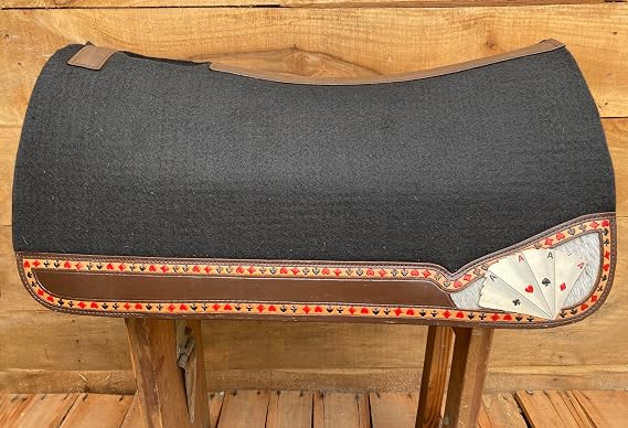 Western Saddle Pad Wool Blended Felt Reinforced Spine and Printed Design Patch Inlay at The Bottom of The pad on Real Cow Leather