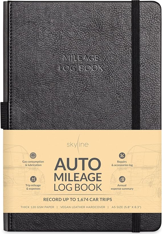 Skyline Auto Mileage Log Book, Car Tracker Notebook for Taxes, Black