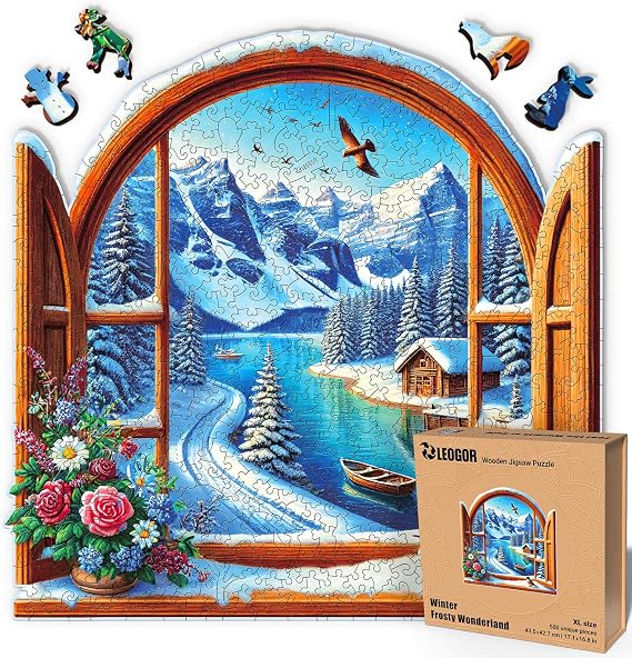 LEOGOR Wooden Jigsaw Puzzle for Adults Winter Frosty Wonderland 500 Pieces 17.1 x 16.8 in Premium Mountain Snow Landscape Lake Cabin Decor Unique Hand-Drawn Wood Shapes Creative Gift Idea
