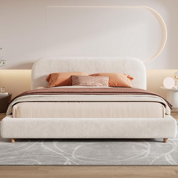 Boucle Bed Frame - Minimalist Bed Frame with Curve-Shaped Headboard and Metal Frame Structure, Upholstered Platform Bed with Wooden Slats System, No Box Spring Needed, White (King)