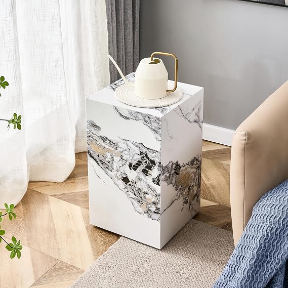 Modern Marble Side Table - Rectangular Center Table for Living Room, High End Solid MDF Faux Marble Pattern