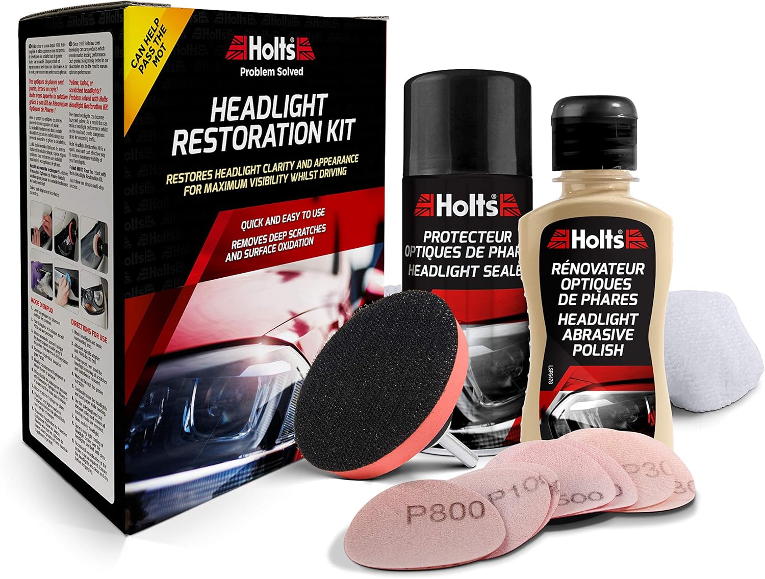 Holts Headlight Restoration Kit, Award Winning Headlamp Restoration Kit, Professional Quality Car Headlight Cleaner To Restore Clarity, Reliable & Easy To Use To Help Pass MOT, Complete Car Kit
