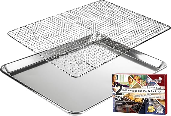 KITCHENATICS Half Sheet Baking Pan and Rack Set Warp-Free 13.1x17.9 In