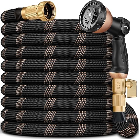 Garden Hose 200FT, Lightweight Flexible Water Hose, 5/8" Kink Free Leak Proof Hose, Heavy Duty 96-Layer Woven with 3/4" Brass Fittings, 10 Function Nozzle for Yard Lawn Outdoor Car Wash(BlackRosegold)
