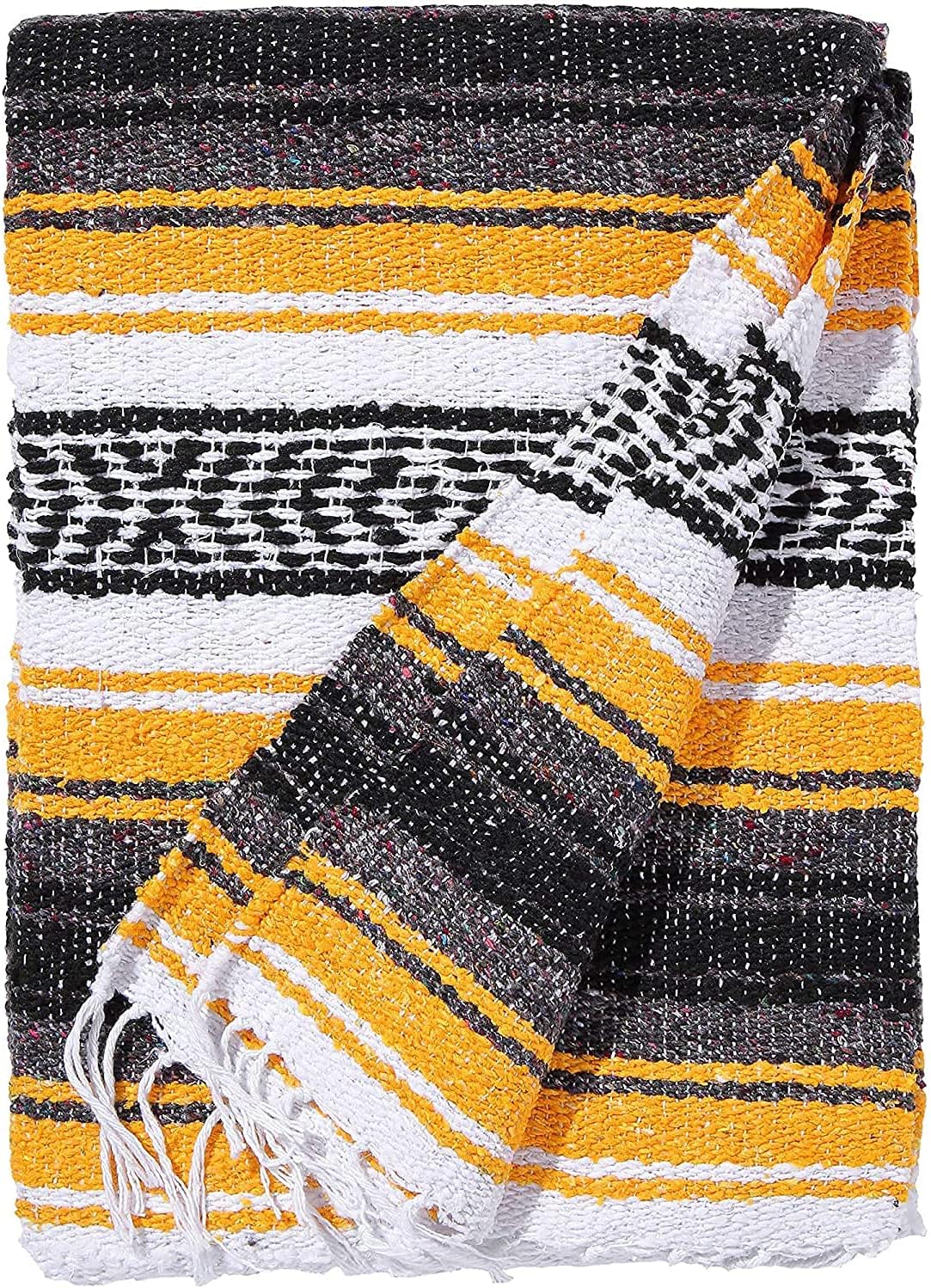 DWC Authentic Mexican Yellow Blanket - Yoga Matt - Falsa - Serape - Camping, Picnic, Beach, Car, Saddle Blanket - Soft Woven Home Decor Yellow, 71 x 57 in