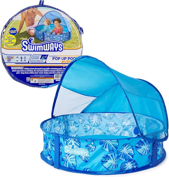 SwimWays Elite Pop-Up Above Ground Pool, Baby Pool with Canopy & Carrying Case, Foldable Pool for Kids Aged 9-24 Months, Measures 32", Blue