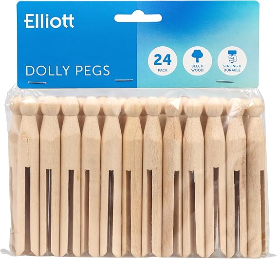 Elliott Traditional Beechwood Dolly Pegs, Pack of 24 Clothes Pegs, Perfect for Indoor and Outdoor Use and will Hold Clothing Without Leaving Marks, Ideal for Crafting