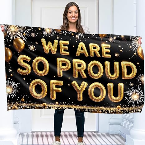 We Are So Proud Of You Banner 5ft x 3ft Black and Gold Congratulations Decorations Well Done Happy Graduation for Prom