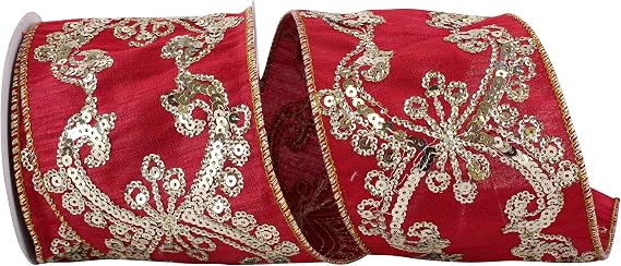 Reliant Ribbon Dubai Sequin Wired Edge Ribbon, 4 Inch X 5 Yards, Burgundy