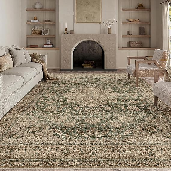 HUGEAR Vintage Rugs Living Room Rug 200x300cm Green Washable Carpet | Area Rug, Non Slip, Washable, for Living Room, Hall, Bedroom, Dining Room, Office, Low Pile Carpet