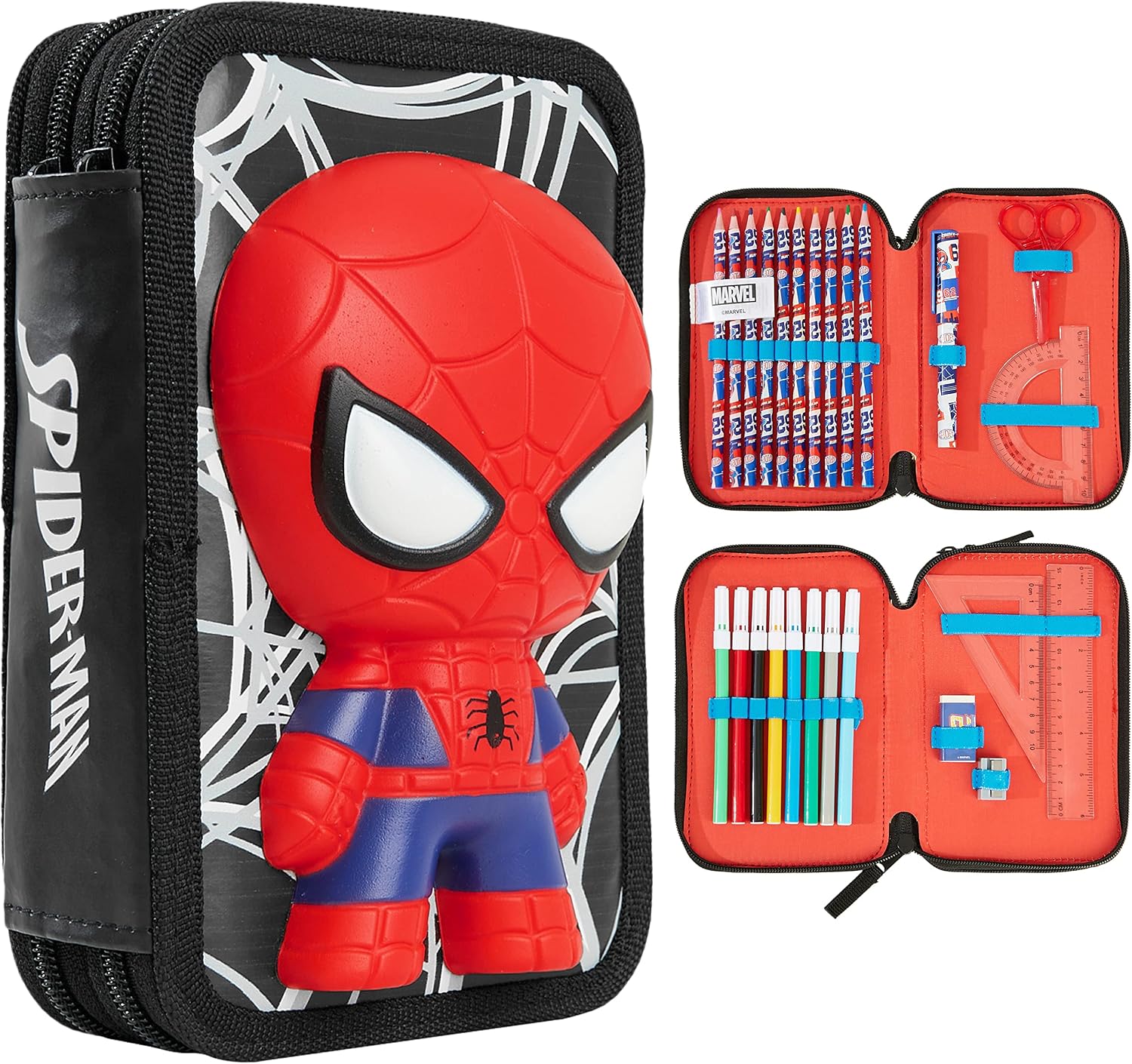 Marvel Boy's Pencil Case, Pencil Case with Compartments Filled School Supplies, Felt, Coloured Pencil, Spiderman Avengers Back to School Gift