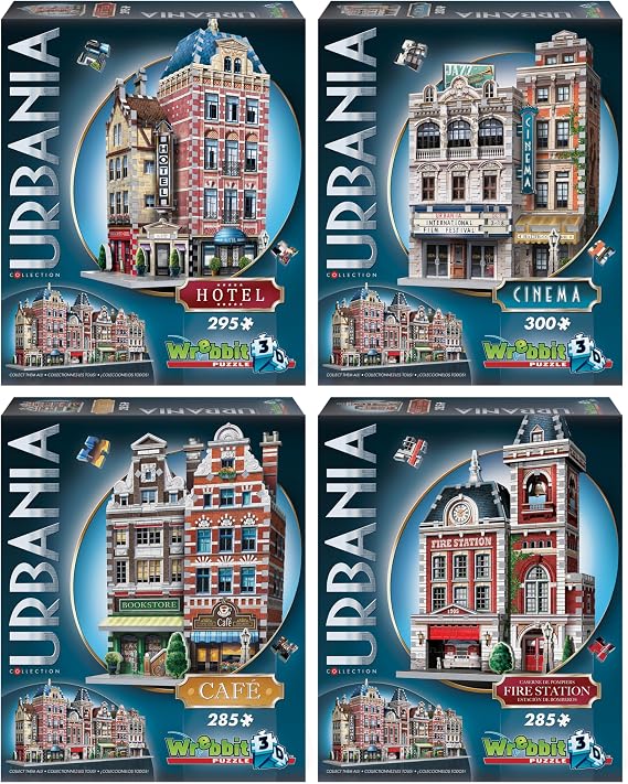 Wrebbit 3D Urbania Collection 3D Puzzle Bundle | Includes Hotel, Cinema, Cafe and Fire Station | 1165 Pieces Jigsaw Puzzle Pieces Total | Build a Charming and Unique Streetscape of a Small Town