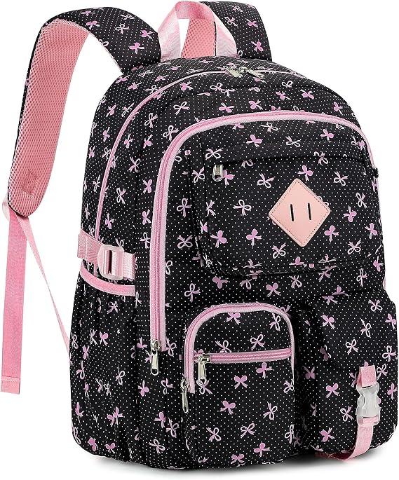 Girls Backpack for School, Teens Large Capacity Cute Lightweight Polyester School Bag Bookbag for Kids - Bow Black