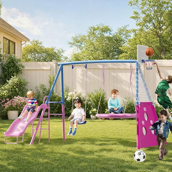 5-in-1 Metal Swing Sets for Backyard Outdoor Kids Swing Set with Slide