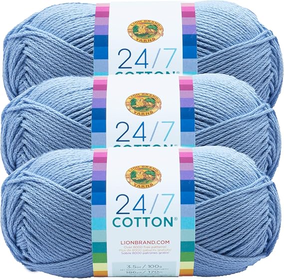 (3 Pack) Lion Brand Yarn 761-107 24/7 Cotton Yarn, Sky