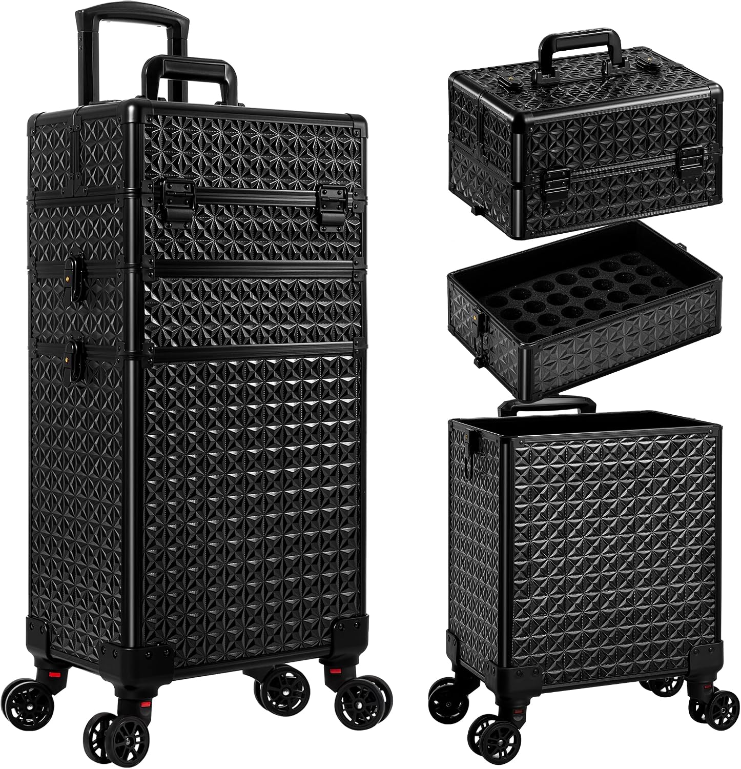 3 in 1 Rolling Makeup Train Case Professional Large Cosmetic Trolley Cosmetology Case on Wheels Traveling Cart Trunk for Hairstylist Artist Nail Beauty Salon Barber, Black, Professional