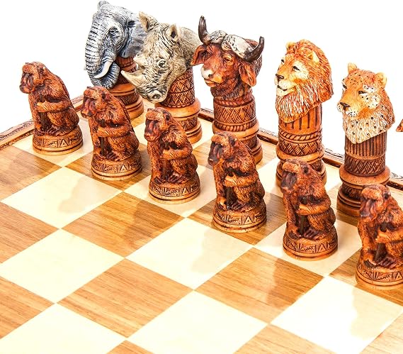 Large African Animal Chess Set - Big 5 Busts: Includes Animal Chess Board & Animal Chess Pieces. Hand-Painted Themed Chess Set Made in South Africa.