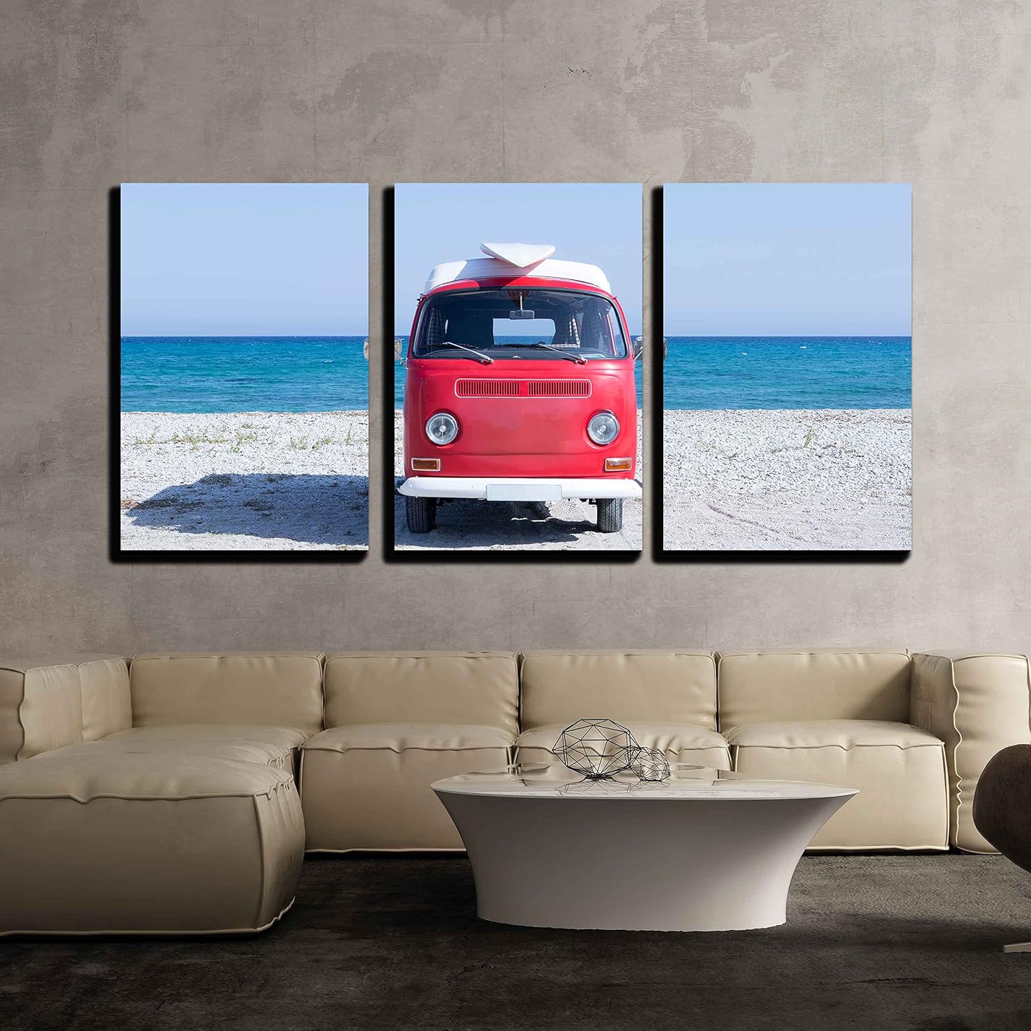 wall26 - 3 Piece Canvas Wall Art - Front View of a Red and White Classic Van with a Surfboard on The Top on The Beach - Modern Home Art Stretched and Framed Ready to Hang - 24x36x3 Panels