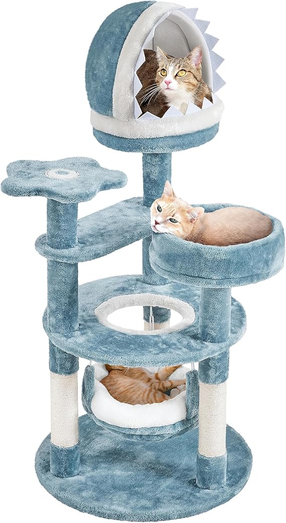 Yaheetech Cute Shark Cat Tree for Kittens, Multi-Level Small Blue Tower | Plush-and-sisal shark condo, hammock, and perches give kittens and small cats sturdy, easy-to-build spots to climb and nap