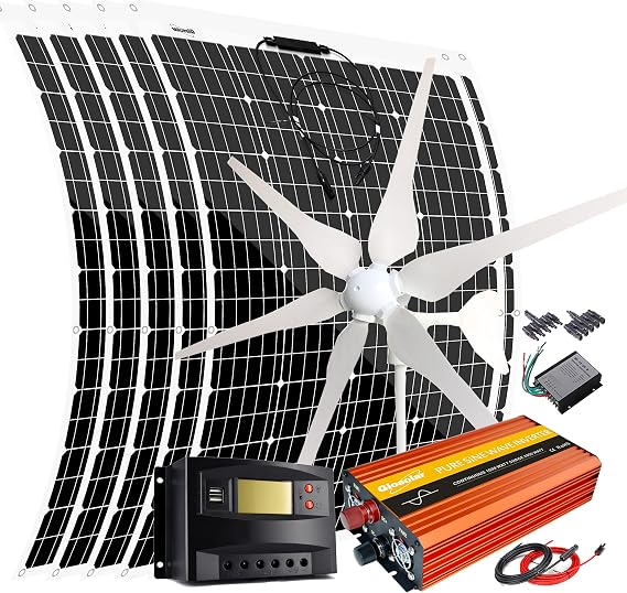 1000W Wind Turbine Generator Kit with 1000W Inverter: 5pcs 120W Flexible Solar Panel/400W 12V Wind Turbine/Solar Charge Controller/Wind Regulator/Cable/Connectors
