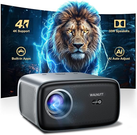 Walnutt 2000 ANSI Outdoor Movie Projector, Official Apps, 4K Home Theater | AI Auto Setup, HDR10 & Dolby 30W Audio, 4K Decoding, Official Apps, Live TV, WiFi6, Bluetooth In/Out, 400" Screen, CEC Remote