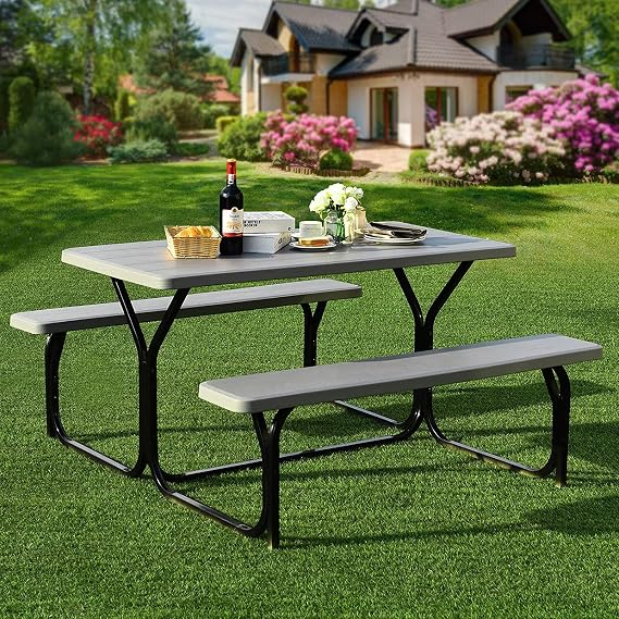 Hysache Picnic Table Bench Set, Patio All Weather Metal Base Camping Table Set wWood Texture Tabletop, Steel Frame, Large Camping Picnic Tables for Backyard Poolside Garden Patio Lawn Grey