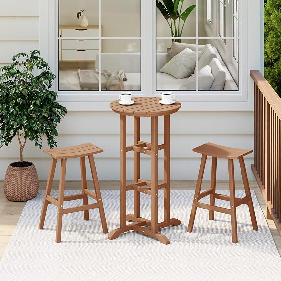 Outdoor Bar Table, 42" Counter Height Round Patio Cocktail Bar Table, Patio Bar Table 3-Pieces Set Bistro Dining Table Pub Table for Deck, Backyard, Garden, Teak