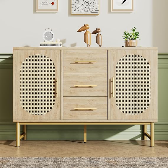 BTM Rattan Sideboard with 3 Drawers and 2 Cabinets, Anti-Tip Chest of Drawers with Metal Handles, Oak Chest of Drawer for Bedroom, 120x40x74cm