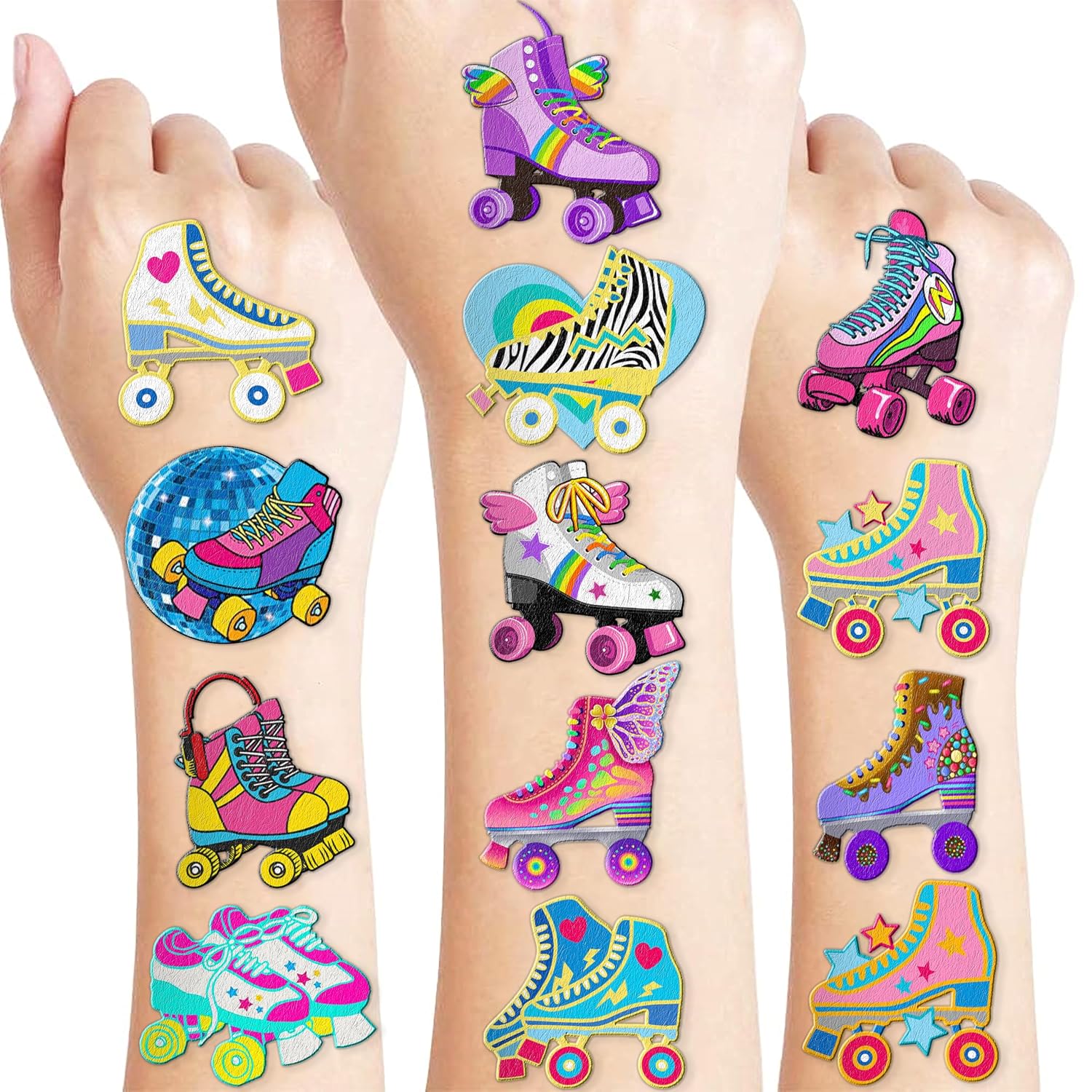 96 PCS Roller Skate Skating Pre-Cut Temporary Tattoos Themed Birthday Party Favors Decorations Supplies Decor Retro 80s 90s Disco Skateboard Tattoo Stickers Gifts For Boys Girls Class Normal