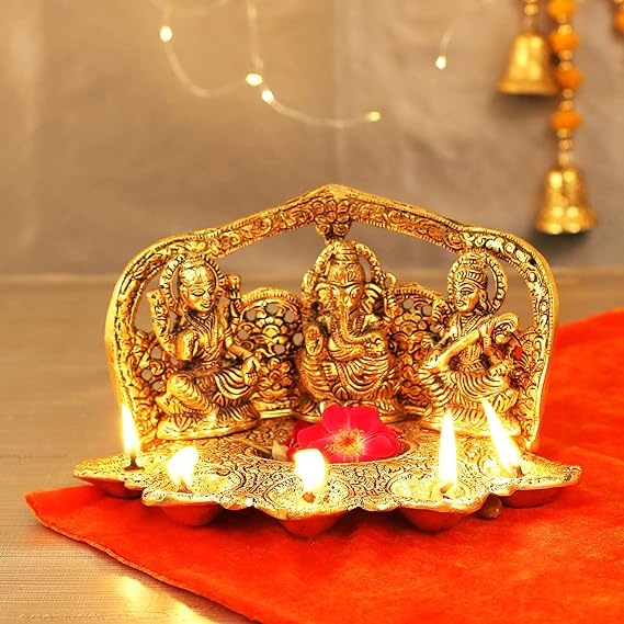TIED RIBBONS Ganesh Lakshmi Saraswati Idol Hindu God Statue | 5 Inch, Golden | Metal Figurines | Ganesh Statue for Housewarming, Pooja, Mandir, Ganesh Chaturthi Decoration, Diwali, Return Gifts