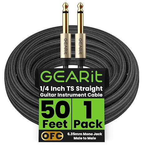 GEARit Guitar Instrument Cable (50ft) 1/4 Inch to 1/4 inch TS Straight Male to Male 6.35mm Mono Jack with Alloy Connector and Nylon Braid