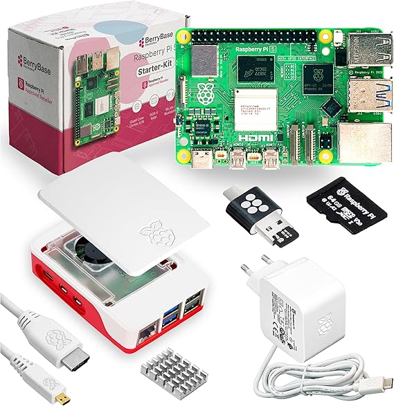 BerryBase Raspberry Pi 5 Starter Kit (1GB RAM) - Official Bundle with Case Power Supply 27W MicroSD (Pre-Installed with Raspberry Pi OS) HDMI Cable Card Reader & Gift Box