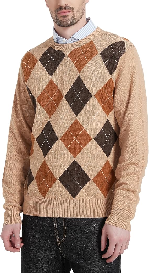 Kallspin Men's Wool Blend Crewneck Sweater Argyle Long Sleeve Pullover Sweater for Casual Or Dressy Wear