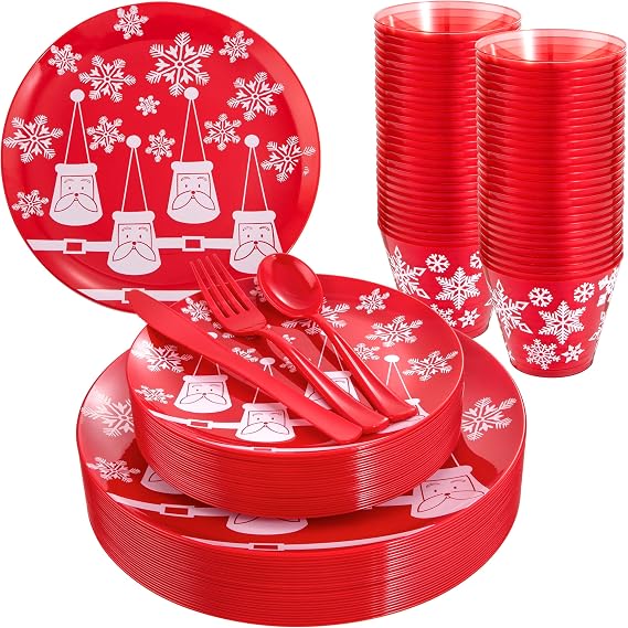 KIRE 150PCS Christmas Plastic Plates Dinnerware - Santa Claus Christmas Plates with Red Silverware include 25Dinner Plates 25Salad Plates 25Forks 25Knives 25Spoons 25Cups