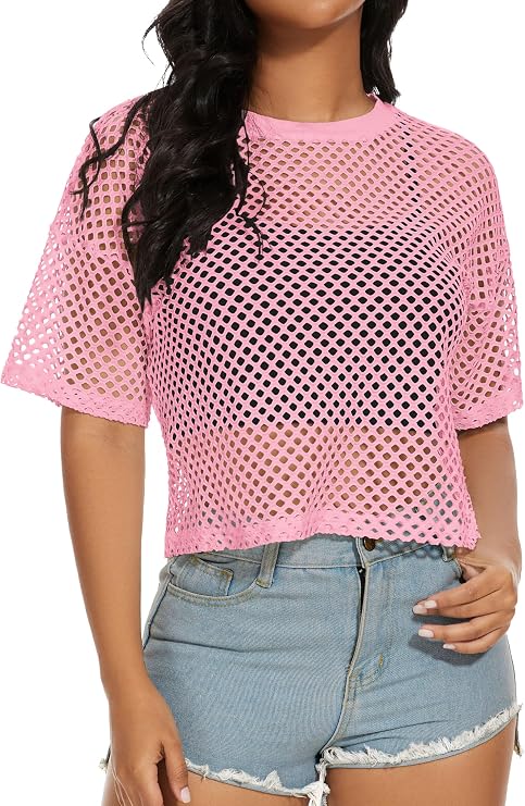 Women's Mesh Fishnet Top Short Sleeves Sheer T Shirts See Through Cover Up | Loose Blouse,80s 90s,Rave Outfit,Crew Neck,Crop Tops,Party Going out,2026