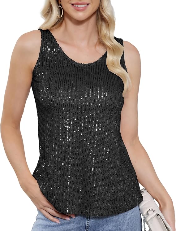 MINIDORA Women's Sequin Tops Sparkly Dressy Party Vests Glitter Sleeveless Shirts