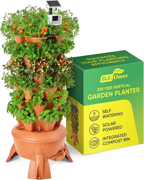 DF OMER Vertical Garden Tower for Efficient Vertical Gardening 6-Tier Vertical Garden Planter, 1.6 m x 70 cm 30 L Reservoir Self-Watering Solar-Powered System