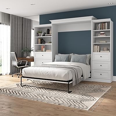 Bestar Versatile Queen Murphy Bed with Closet Organizers with Drawers 126W in White, Sleeping Arrangement and Wardrobes for Multipurpose Room