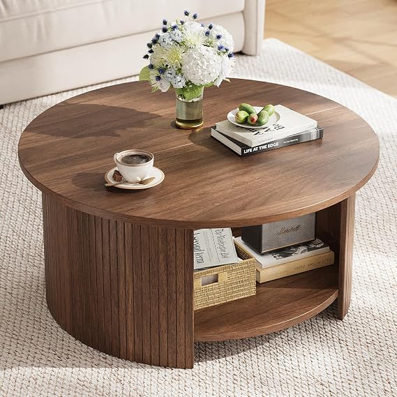 Round Coffee Table with Storage, 31.5" Modern Fluted Center Table, 2-Tier Mid Century Coffee Table, Wood Circle Table for Living Room, Home Office, Small Space, Walnut