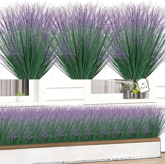10 Bundles Fake Grass Plants Artificial Plants Outdoor Faux Plants Tall Shrubs Wheat Grass Greenery Stems UV Resistant Onion Grss For Outside Planters Indoor Room Vase Home Decor(Green Purple Tail)
